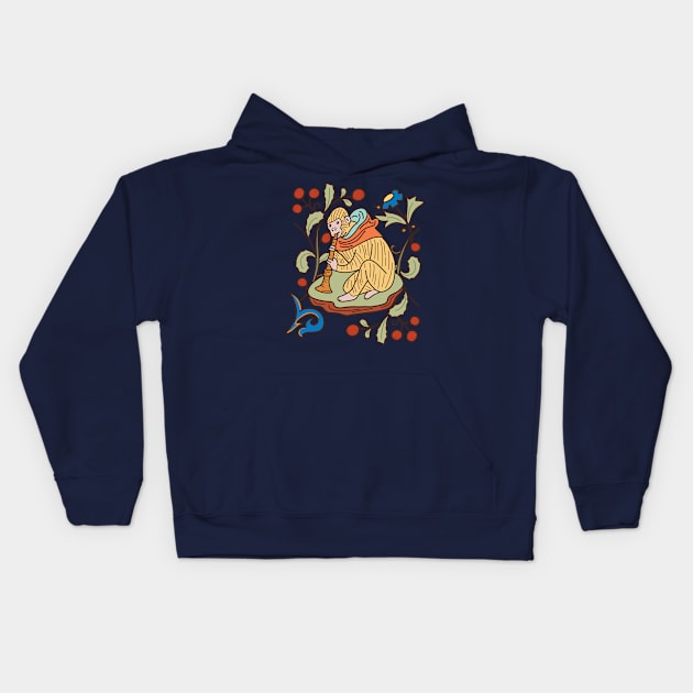 Cute Medieval Monkey Playing the Trumpet Colorful Drawing Kids Hoodie by MariOyama